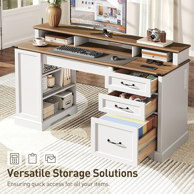 55'' Farmhouse Executive Desk with Drawers, Computer Desk with File Cabinet and Side Bookshelf, Writing Gaming Desk with Monitor Stand & Charging Station, White and Walnut