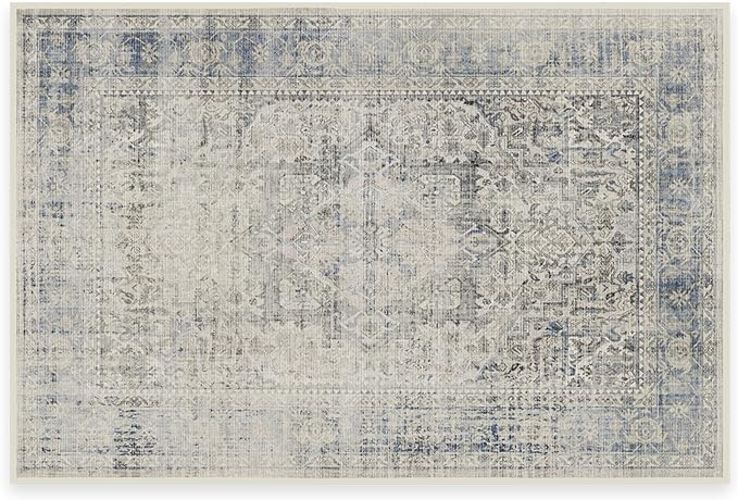 RUGGABLE Washable Vintage Area Rug – Kamran Blue Quartz 2x3, Stain-Resistant, Non-Slip – Small Machine Washable Rugs for Living Room, Bedroom, Hallway, Entryway & Bathroom–with Standard Pad