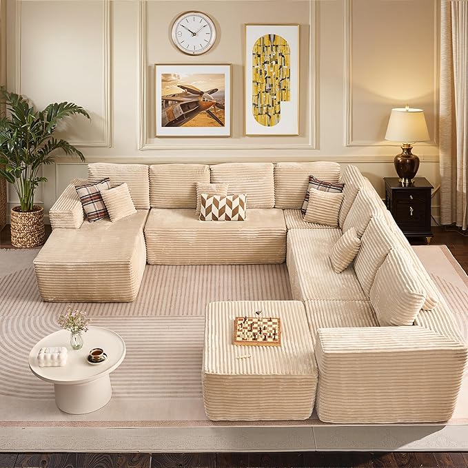146‘' Oversized Cloud Sectional Couch, U Shaped Boneless Couches with Chaise & Ottoman, Plush Corduroy Deep Seat Modular Sofa for Living Room, No Assembly Required, Beige