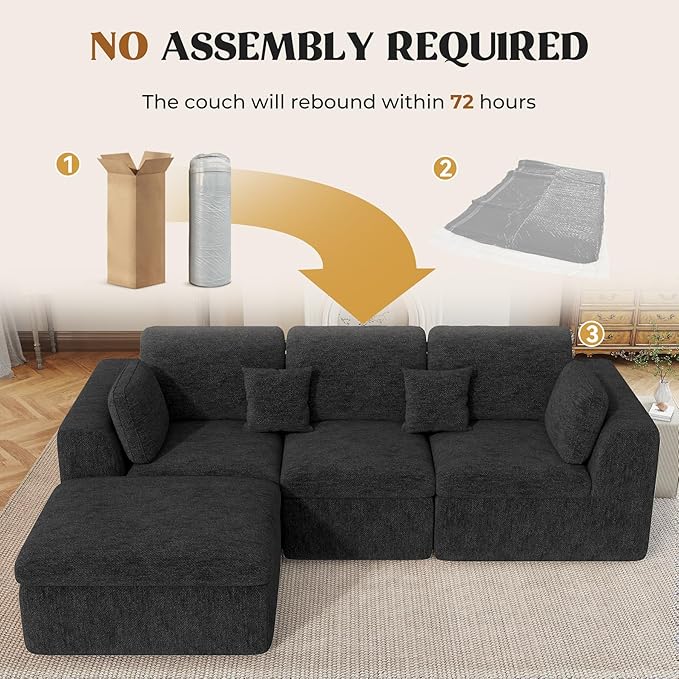 Loveseat Sofa, Cloud Boneless Couches for Living Room, 2 Seater Modular Sectional Sofa,Oversized,Black Chenille
