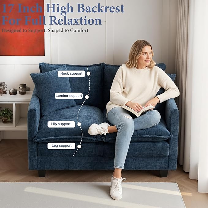 50" Loveseat Sofa Small Cloud Couch | Mini Chenille Love Seat Couches with 2 Pillows | 27.16" Deep Seat for Small Spaces Bedroom Dorm Apartment | Blue