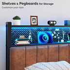 VINGLI Twin or Twin XL Size Headboard, Adjustable Upholstered Headboard with 2 Tier Shelves and Pegboard with Charging Stations and LED Lights, Modern Bed Headboard with Storage for Bedroom Decor