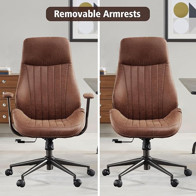 ovios Home Office Ergonomic Chair, Mid-Century Modern Luxury Faux Suede Leather Chairs, Comfy High Back Computer Swivel Rolling Task Armchair for Executive, Dark Brown