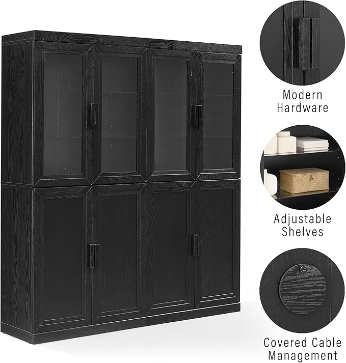 Crosley Furniture Essen 2-Piece Glass Door China Hutch Kitchen Pantry Storage Cabinet Set, Dining Room, Black
