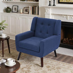 Accent Chair, Mid-Century Modern Upholstered Armchair, Comfy Fabric Living Room Chairs Reading Chairs with Button Tufted Back & Solid Wood Legs for Bedroom, Office, Blue