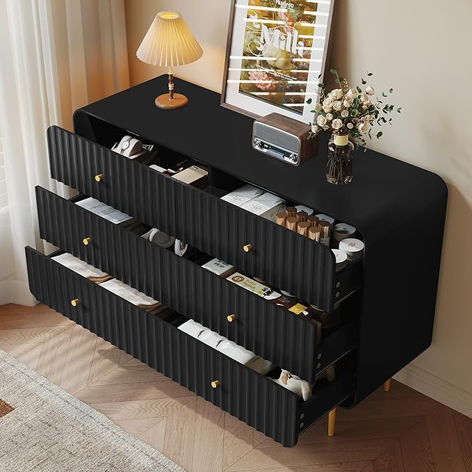 HLR Black Dresser for Bedroom,48'' Wide Wood Chests of Drawers,Modern Fluted 6 Drawer Dresser with Gold Metal Handles,Clothes Deep Drawer Dressers Storage for Living Room,Hallway