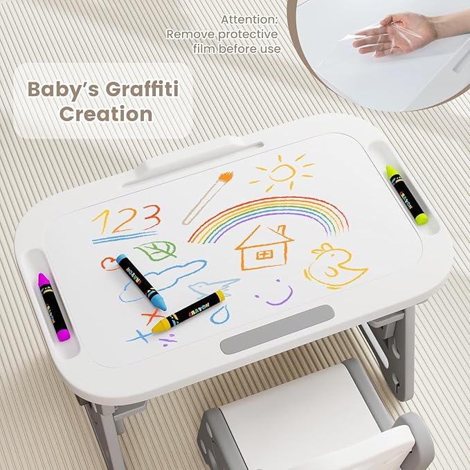 INFANS Kids Adjustable Table & Chair Set with Drawing Board for 3+, Toddler Activity Desk for Drawing with Storage Shelf, Non-Slip Pads, Watercolor Pens & Eraser, Indoor Art/Study Furniture (Grey)