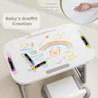 INFANS Kids Adjustable Table & Chair Set with Drawing Board for 3+, Toddler Activity Desk for Drawing with Storage Shelf, Non-Slip Pads, Watercolor Pens & Eraser, Indoor Art/Study Furniture (Grey)