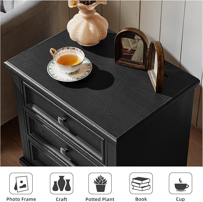 Farmhouse Bedroom Dresser and Nightstand Set of 4, 6 Drawer Tall & Low Dresser & 3 Drawer Nightstand Set with Wooden Legs, Rustic Wood Bedroom Furniture Sets for Livingroom, Hallway, Black
