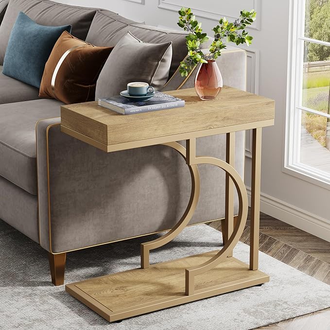 Tribesigns Narrow Side Table C Shaped End Table Modern Bedside Tables for Couch, Small Sofa Chairside Tables with Metal Frame for Living Room (1, Natural+Wood Tones)