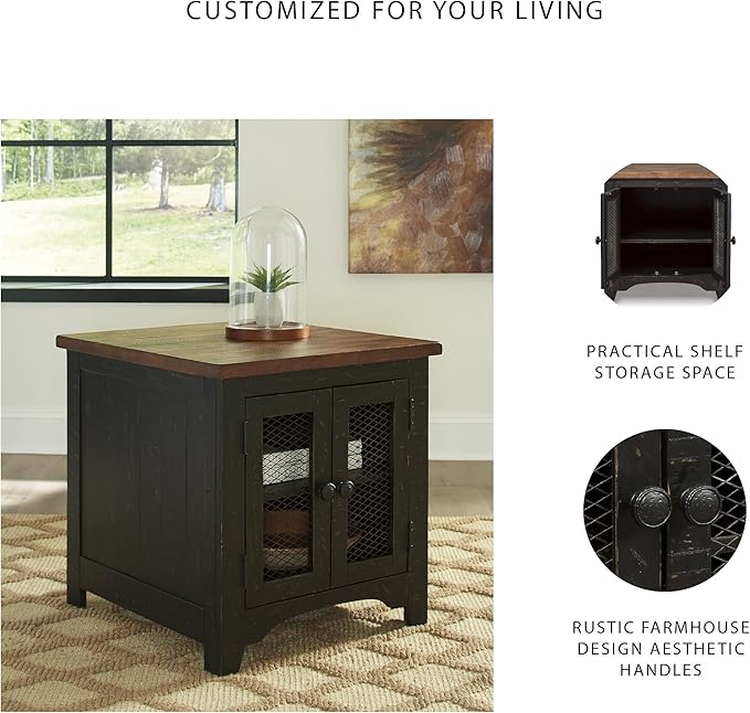 Signature Design by Ashley Valebeck Farmhouse Rectangular End Table with Storage, Distressed Brown & Black Finish