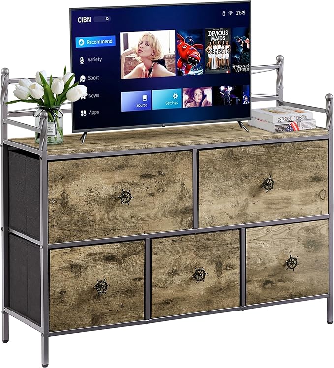 VECELO Dresser TV Stand for Bedroom with 5 Fabric Drawers, Entertainment Center for 32/40/43 in TVs, Media Console Table with Storage, Open Shelf, Adjustable Feet, Living Room Furniture, Rustic Gray