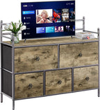 VECELO Dresser TV Stand for Bedroom with 5 Fabric Drawers, Entertainment Center for 32/40/43 in TVs, Media Console Table with Storage, Open Shelf, Adjustable Feet, Living Room Furniture, Rustic Gray
