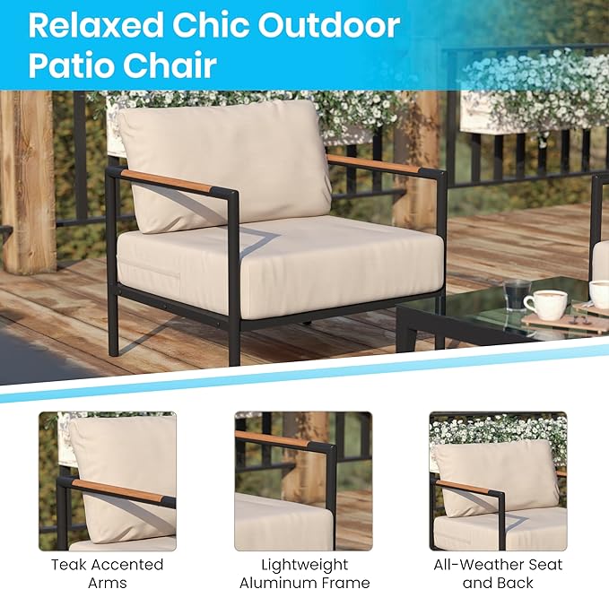 Flash Furniture Lea Indoor/Outdoor Patio Chair with Cushions - Modern Aluminum Framed Chair with Teak Accented Arms, Black with Beige Cushions