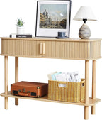 RARZOE Console Table with Storage, Fluted Entryway Table with Sliding Door&Open Shelf, Sofa Table Behind Couch, Mid-Century Modern Accent Table for Hallway, Entrance, Foyer, Fully Assembled(Natural)