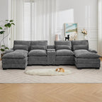 125'' U Shaped Cloud Modular Sofa with Chaise Lounges, Chenille Upholstered Comfy Sectional Couch with Storage Console, USB Charging Ports & Cup Holders, Modern Deep Seat Sofa for Living Room, Grey