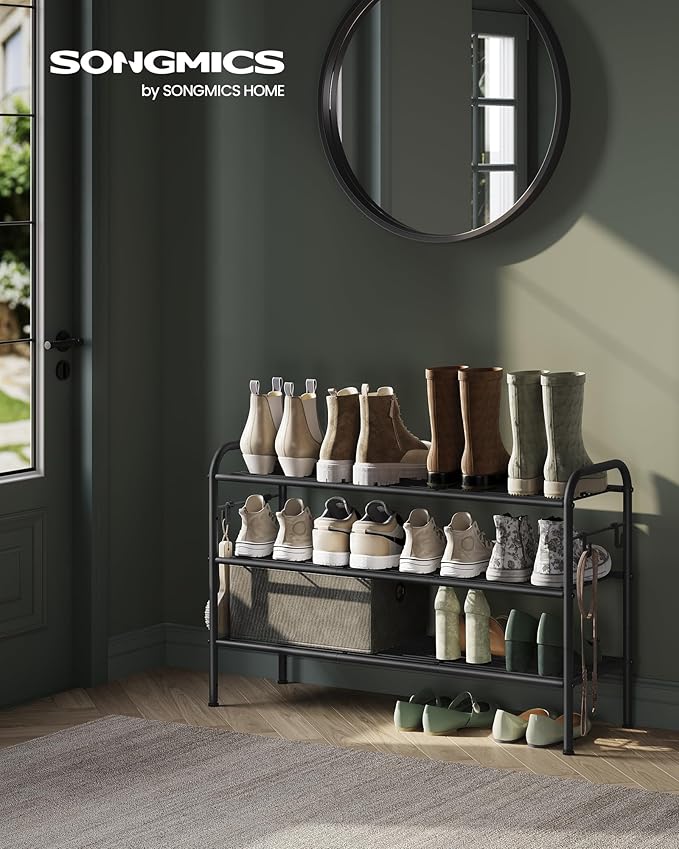 SONGMICS Shoe Rack, 3-Tier Shoe Organizer, Metal Shoe Shelf Storage with 4 Side Hooks, Holds 15 Pairs of Shoes, Height-Adjustable Shoe Rack for Entryway, Hallway, Closet, Easy Assembly, Ink Black