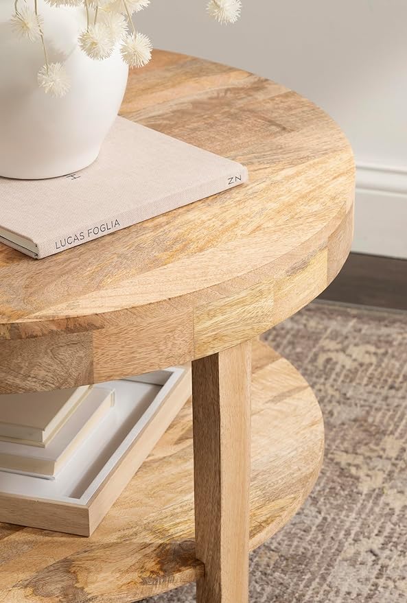 Kate and Laurel Talcott Tiered Modern Round Coffee Table, 28 x 28 x 18, Natural Wood, Transitional Two-Tier Circle Living Room Table with Storage and Mango Wood Construction