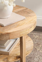 Kate and Laurel Talcott Tiered Modern Round Coffee Table, 28 x 28 x 18, Natural Wood, Transitional Two-Tier Circle Living Room Table with Storage and Mango Wood Construction