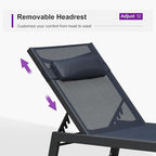 PURPLE LEAF Outdoor Oversized Lounge Chair Set of 3 Patio Chaise Pool Lounger Aluminum Frame with Side Table and Wheels for Outside Sunbathing Tanning Recliner Including Pillows Navy Blue