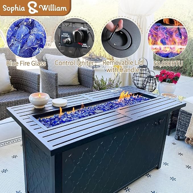 Sophia & William Patio Furniture Sets for 7 with Fire Pit Table 45", Outdoor Patio Furniture Set 8 Pcs, Convesation Set with 4 x High Heavy Sofa Chairs, 1x3-Seat Sofa, for Porch Poolside Beige