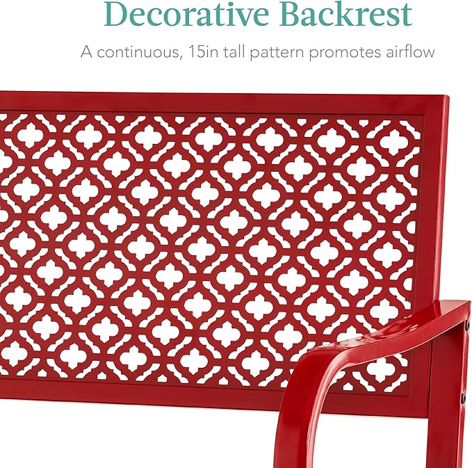 Best Choice Products Outdoor Bench 2-Person Metal Steel Benches Furniture for Garden, Patio, Porch, Entryway w/Geometric Backrest, 790lb Capacity - Rose Red