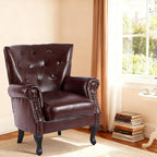 Modern Faux Leather Accent Chair, Upholstered Mid-Century Armchair with Solid Wood Legs, Single Sofa Chair for Living Room, Bedroom, or Reading Room（Reddish Brown）