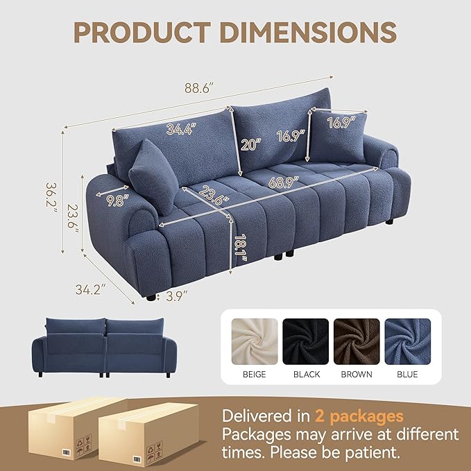 88 "Modern Boucle Sofa Couch, Oversized Comfy 3 Seater Sherpa Curved Sofas Deep Seat, Upholstered Loveseat Teddy Round Arm Couches for Living Room, Bedroom, Blue