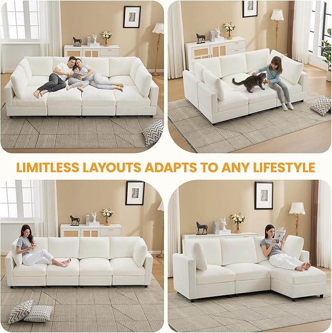 4-Seater Modular Sectional Cloud Sofa with 2 Ottomans, U-Shaped Couch for Living Room, Modern Deep Seat Sofa with Soft Back Cushions, Chenille Beige