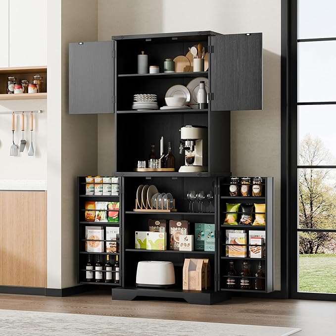 Cozy Castle 74" Farmhouse Pantry Cabinet with Charging Station, Tall Kitchen Storage Hutch Cabinet Coffee Bar Workstation, Sideboard Buffet Cupboard for Dining Room Living Room Furniture, Black