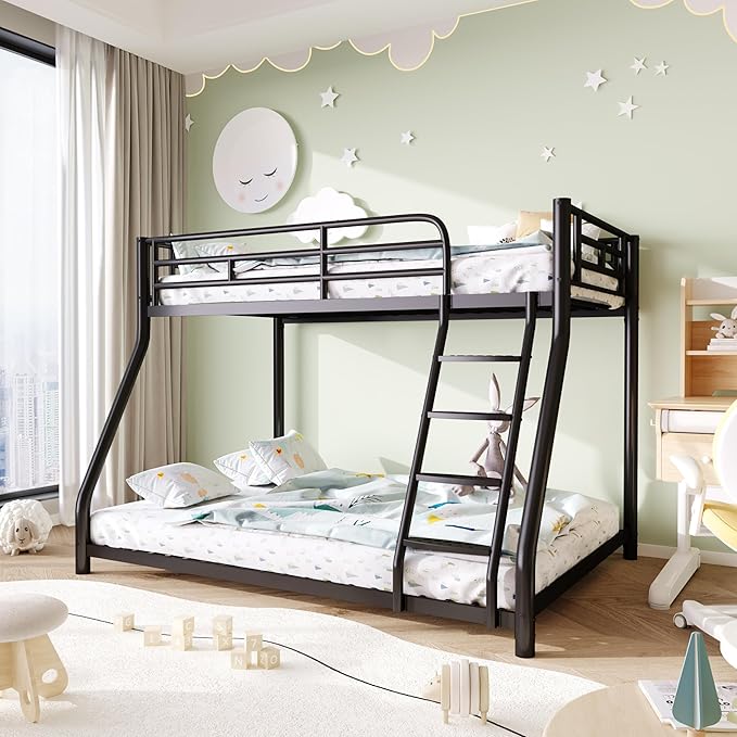 Metal Twin Over Full Bunk Bed，Bunk Beds Twin Over Full Size with Removable Wide Ladder and Full-Length Guardrail，Low Full BunkBeds Frame Heavy Duty steel Slat Support For Adults Kids and Young Teens