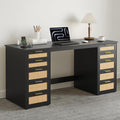 WOPITUES 60" Boho Home Office Desk with 10 Wooden Drawers, Rattan Computer Writing Desk with Power Outlets, Large Executive Desk with Storage Cabinet for Work Study Writing Craft, Black