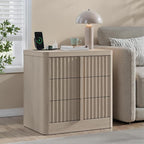 Fluted Nightstand Set of 2 with Charging Station, 23.6" Wood End Table with Solid Wood Handle, Mid Century Moden Bedside Table 3 Drawer Dresser for Bedroom, Living Room, White Alder