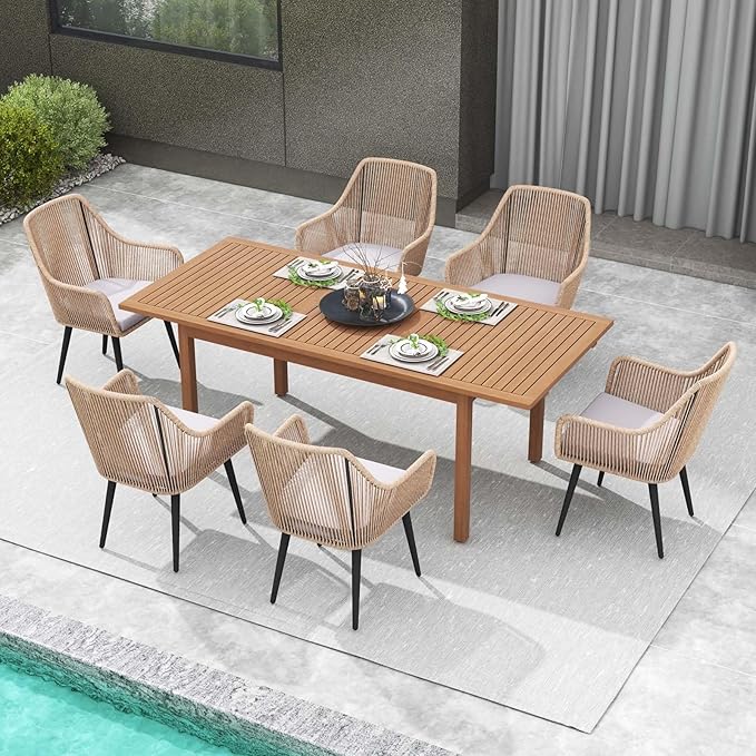 JOIVI Outdoor Dining Set for 6, 7 Pieces Patio Dining Table and Chairs Set, Rattan Rope Patio Outdoor Furniture Set with Extendable Dining Table for Deck, Backyard, Garden, Dining Room, Tan