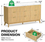 Fluted 9 Drawer Dresser, 57" Wide Chest of Drawers with Faux Marble Top,Modern Dresser TV Stand, Wood Closet Clothes Storage Organizer with Curved Edges for Bedroom, Living Room, Natural