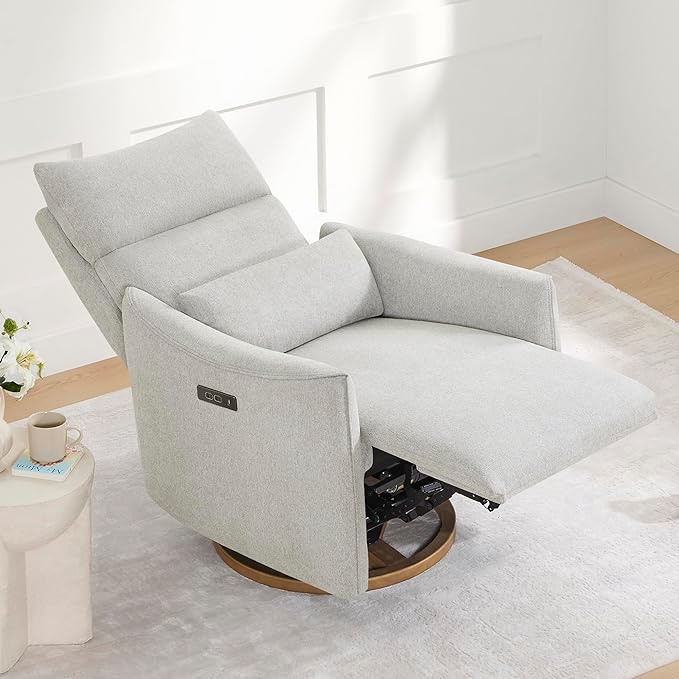 CHITA Swivel Rocker Recliner Chair, Power Nursery Glider Recliner, Nursery Rocking Chair with Adjustable Power Headrest, FSC Certified, Solid Wood Base, Crockery (Gray)