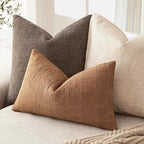 Foindtower Set of 2 Decorative Linen Check Throw Pillow Covers Neutral Farmhouse Lumbar Cushion Covers Modern Boho Home Decor for Sofa Chair Couch Bedroom Living Room,12×20 Inch,Brick
