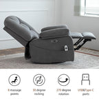 Power Swivel Rocker Recliner with Massage and Heat, USB and Type-C Port, Infinite Position, Electric Glider Rocking Chairs Living Room, Soft Fabric Reclining Sofa Chair (Velvet Grey)