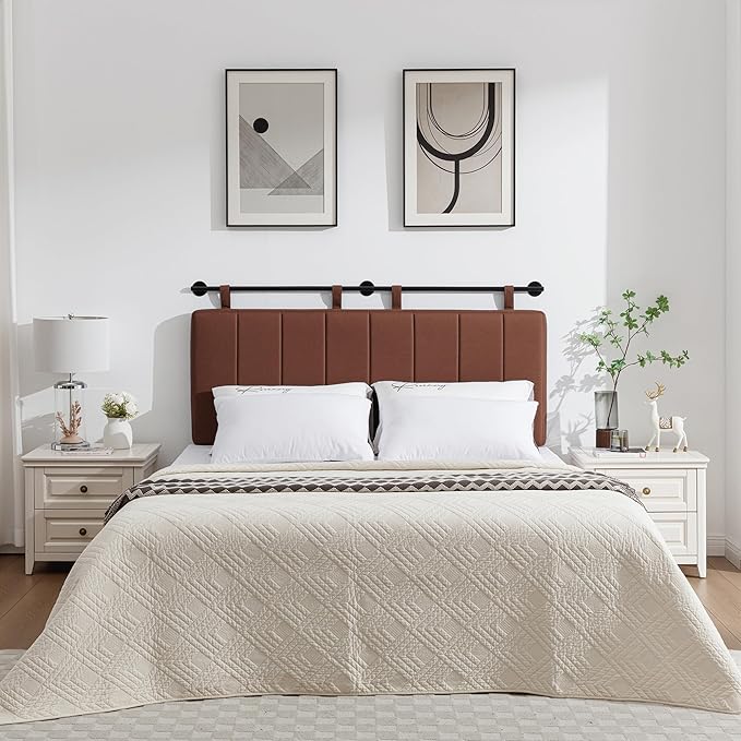 UEV King Headboard Only, Wall Mounted Hanging Upholstered Bed Head Board, Modern Vertical Channel Design of Fine Linen, Elegant Brown Fluted Headboard for Bedroom (Brown, King Size)