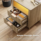 Fluted Nightstand Set of 2, 2 Drawers Storage Bedside Table with Charging Station, Wood Modern Nightstand with Open Shelf, Curved Profile Design, End Table for Indoor Room Bedroom, Oak