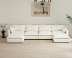 chairus 126" Modular Sectional Sofa with 2 Moveable Ottoman Upholstered Deep Seat Linen Couch Set with Soft Pillows U Shaped Sofa Couch for Living Room, Apartment, Reception Room, 4-Seater/White