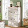 AOGLLATI Farmhouse 5 Drawers Dresser for Bedroom, 48” Tall Wood Rustic Chest of Drawers with Natural Texture, Vintage Design, Black Storage Dresser for Bedroom,Antique White