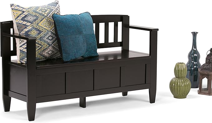 SIMPLIHOME Brooklyn Entryway Storage Bench - 48 inch Wide Solid Wood Storage Seat in Coffee Brown, Contemporary Bench for Entryway or Living Room with Lift-Up Lid and Slatted Backrest