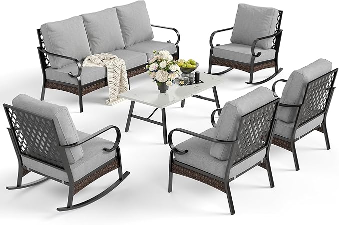 6 Piece Metal Outdoor Patio Furniture Set, Patio Conversation Set with 1 3-Seater and 2 Fixed Sofas, 2 Rocking Sofas with 5.75" Cushion & Coffee Table, Black and Light Gray