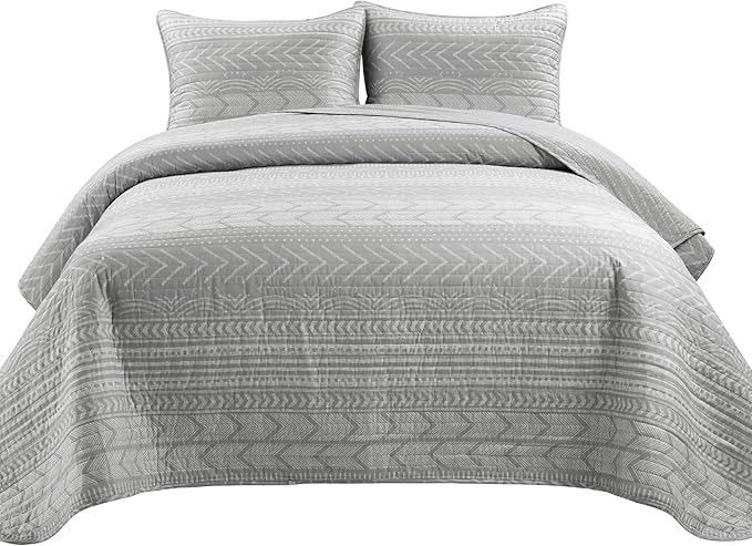 Lush Decor Hygge Geo Pattern Striped 3 Piece Quilt Bedding Set, King, Light Gray