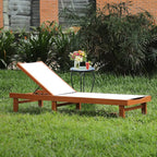 COSTWAY Patio Wood Chaise Lounge Chair, Strong Eucalyptus Wood Frame, 5-Position Adjustable Outdoor Recliner with White Mesh (1)