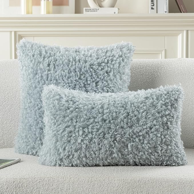 FUTEI Light Blue Decorative Throw Pillow Covers 16x16 Inch Set of 2,Soft Fluffy Faux Wool Fur Boucle Textured Cushion Case,Modern Home Decor for Couch Bed Living Room Office