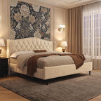 Belffin Full Size Bed Frame with Headboard, Upholstered Velvet Luxury Bed Frame with Wingback, Anti-Slide Tall Footboard, Button Tufted & Nailhead Trim, Noise-Free, No Box Spring Needed, Beige