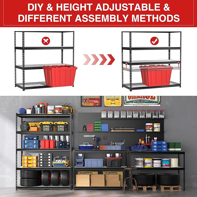 WORKPRO 5-Tier Metal Shelving Unit, 48”W x 24”D x 72”H, Heavy Duty Adjustable Storage Rack, 4000 lbs Load Capacity (Total), for Garage, Basement, Warehouse, Workshop