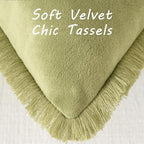 FUTEI Sage Green Velvet Decorative Throw Pillow Covers 18x18 Set of 2,Soft Cozy Edge with Tassels Cushion Case,Boho Modern Home Decor for Couch Bed Living Room